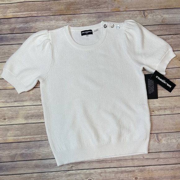 KARL LAGERFELD PARIS Women's Honeycomb Short-Sleeve Waffle Sweater White - Picture 3 of 7